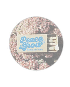Image of Peace and Grow Hemp pre rolls in cardboard packaging and blue logo on fossil background